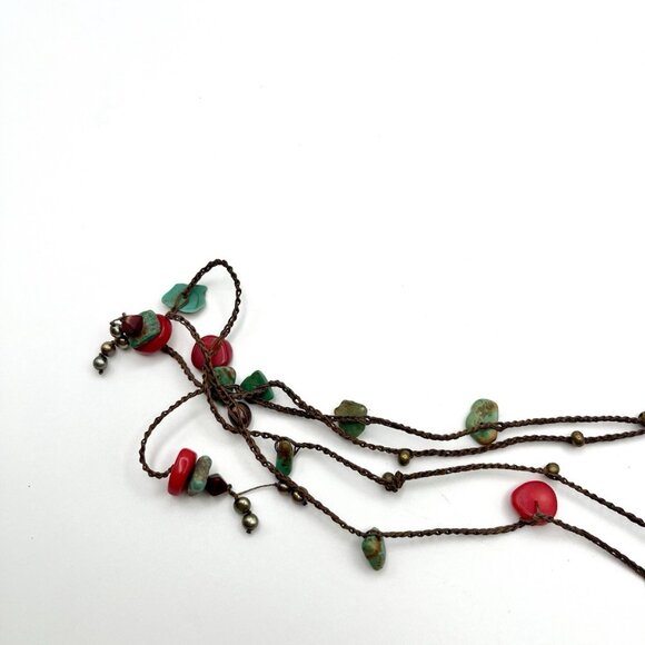 Boho Beaded Wrap Necklace Turquoise Style Red Glass Brass Tone Long Layered Cord - Picture 4 of 6